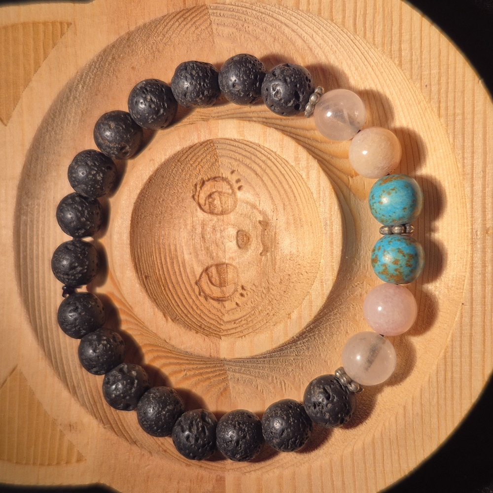 Rose quartz, peach moonstone, magnesite and lava beads